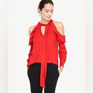 Ann Taylor (XL)16 Crepe Cold Shoulder Blouse w/Flounce Ruffles,Tie Neck,RED, EUC